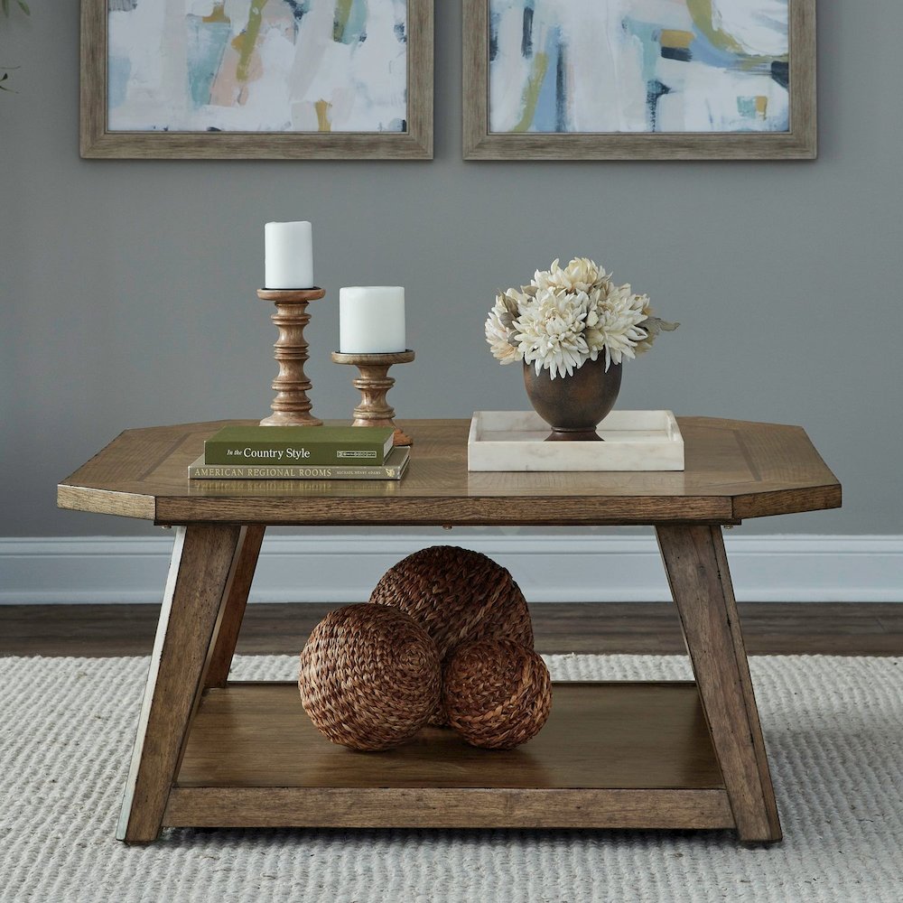 3 Piece Set - Octagonal Cocktail Table, 2 Octagonal End Tables - Amber Brown Oak