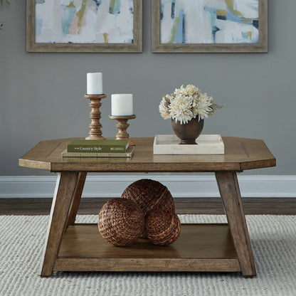 3 Piece Set - Octagonal Cocktail Table, 2 Octagonal End Tables - Amber Brown Oak