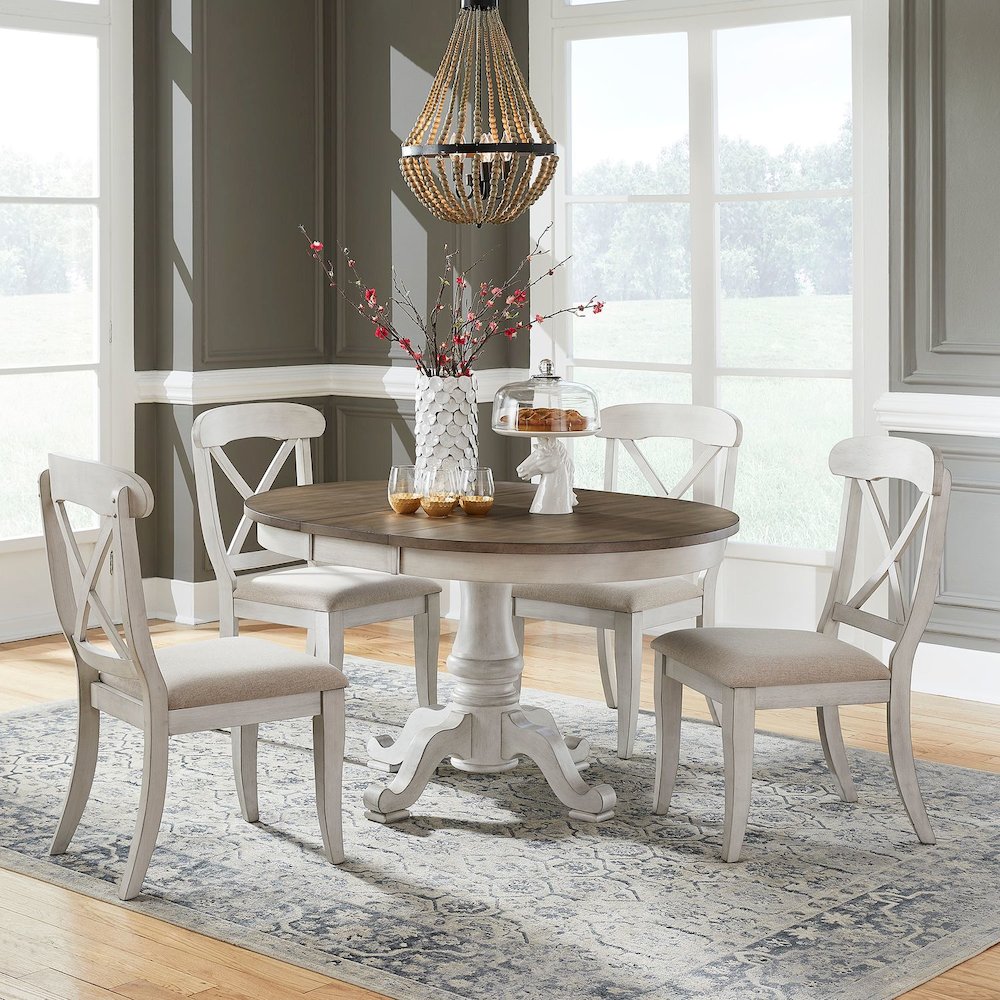 Ocean Isle 5 Piece Pedestal Table Set - 4 X Back Side Chairs - Antique White
