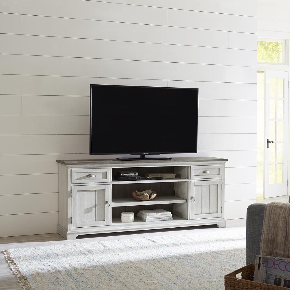 Ocean Isle 72 Inch Entertainment TV Stand in Antique White w/ Weathered Pine