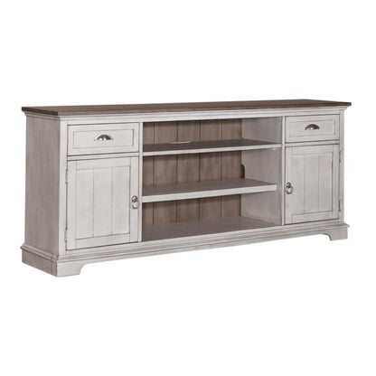 Ocean Isle 72 Inch Entertainment TV Stand in Antique White w/ Weathered Pine
