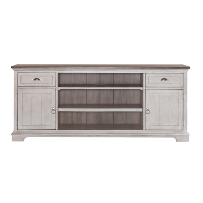 Ocean Isle 72 Inch Entertainment TV Stand in Antique White w/ Weathered Pine