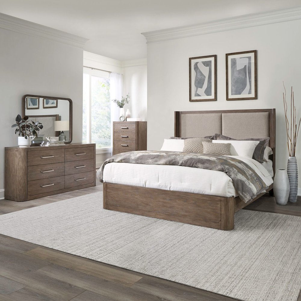 King Shelter Bed, Dresser & Mirror, Chest Bedroom Furniture Set - Burnished Clay
