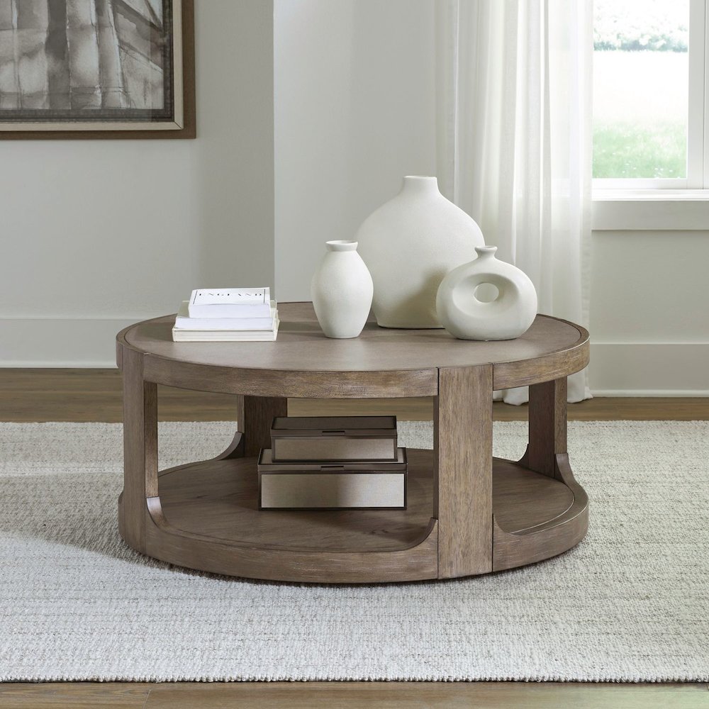 Living Room Round Cocktail Table - Burnished Clay Oak Wood
