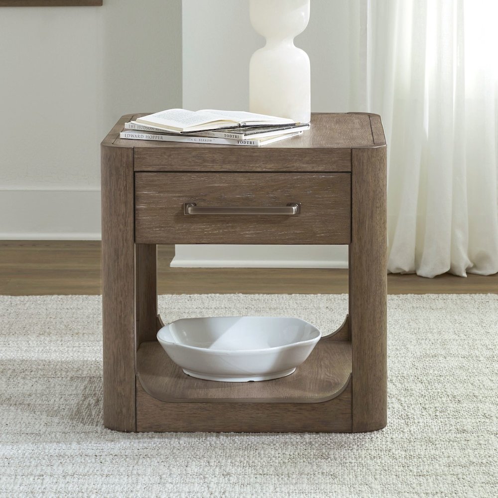 Living Room End Table Contemporary with Storage Drawer - Burnished Clay Oak Wood