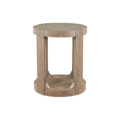 Round Chairside Table  with Stone Top Insert - Burnished Clay Oak Wood