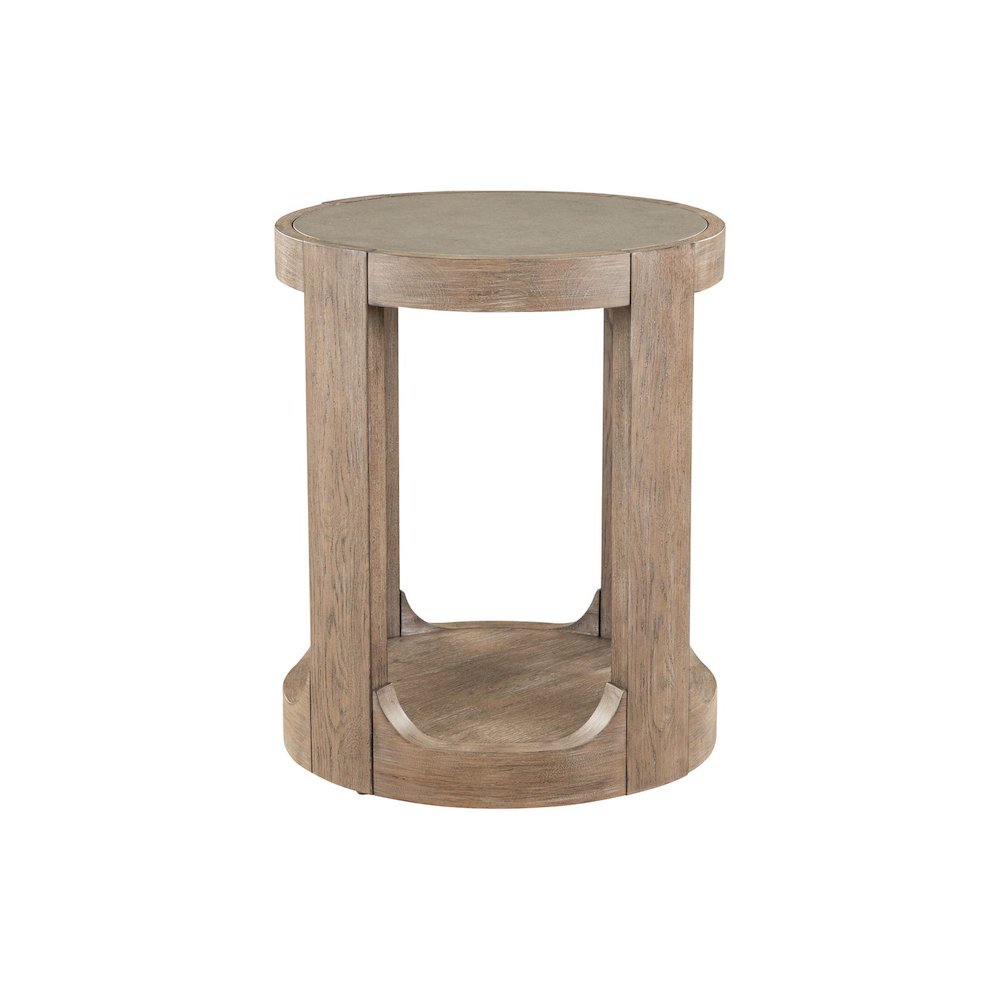 Round Chairside Table  with Stone Top Insert - Burnished Clay Oak Wood