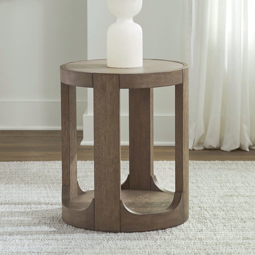 Round Chairside Table  with Stone Top Insert - Burnished Clay Oak Wood