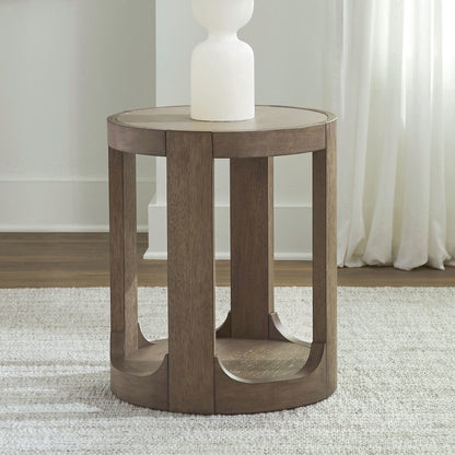 Round Chairside Table  with Stone Top Insert - Burnished Clay Oak Wood