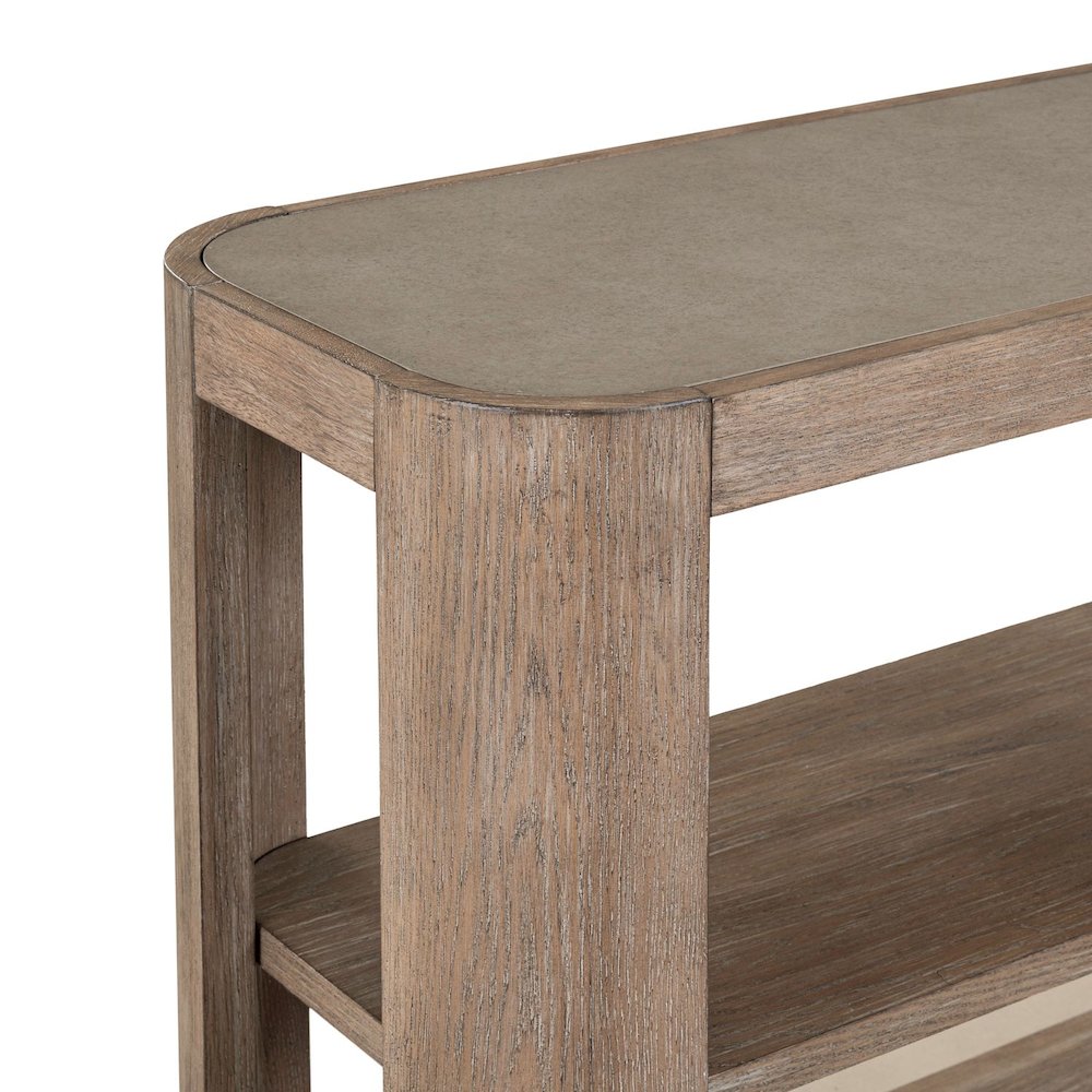Display Sofa Table Contemporary with Stone Top Insert - Burnished Clay Oak Wood