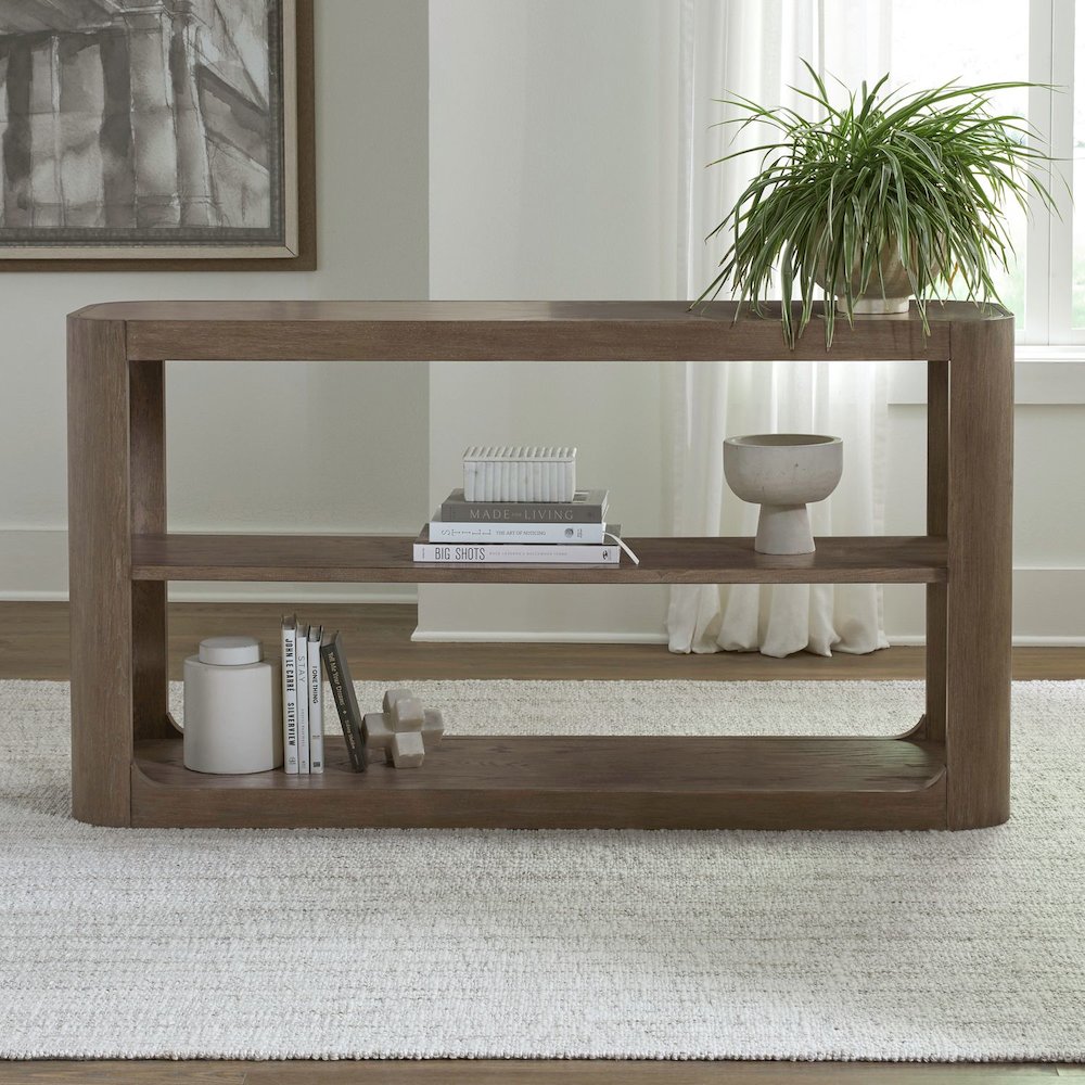 Display Sofa Table Contemporary with Stone Top Insert - Burnished Clay Oak Wood