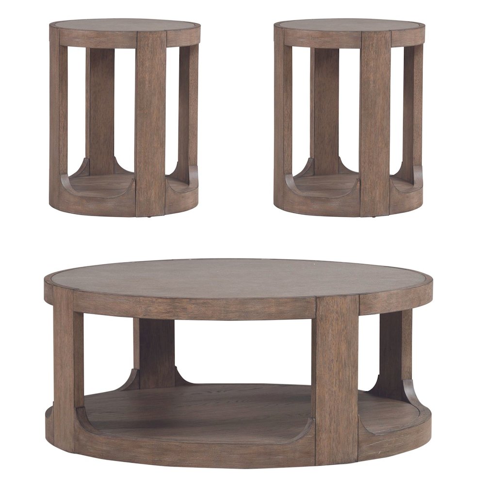 3 Piece Living Room Set Round Stone Cocktail Table, 2 End Tables - Clay Oak Wood