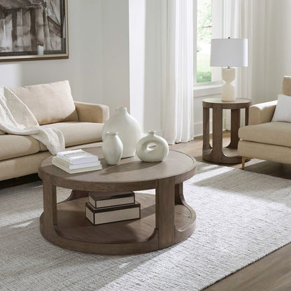 3 Piece Living Room Set Round Stone Cocktail Table, 2 End Tables - Clay Oak Wood