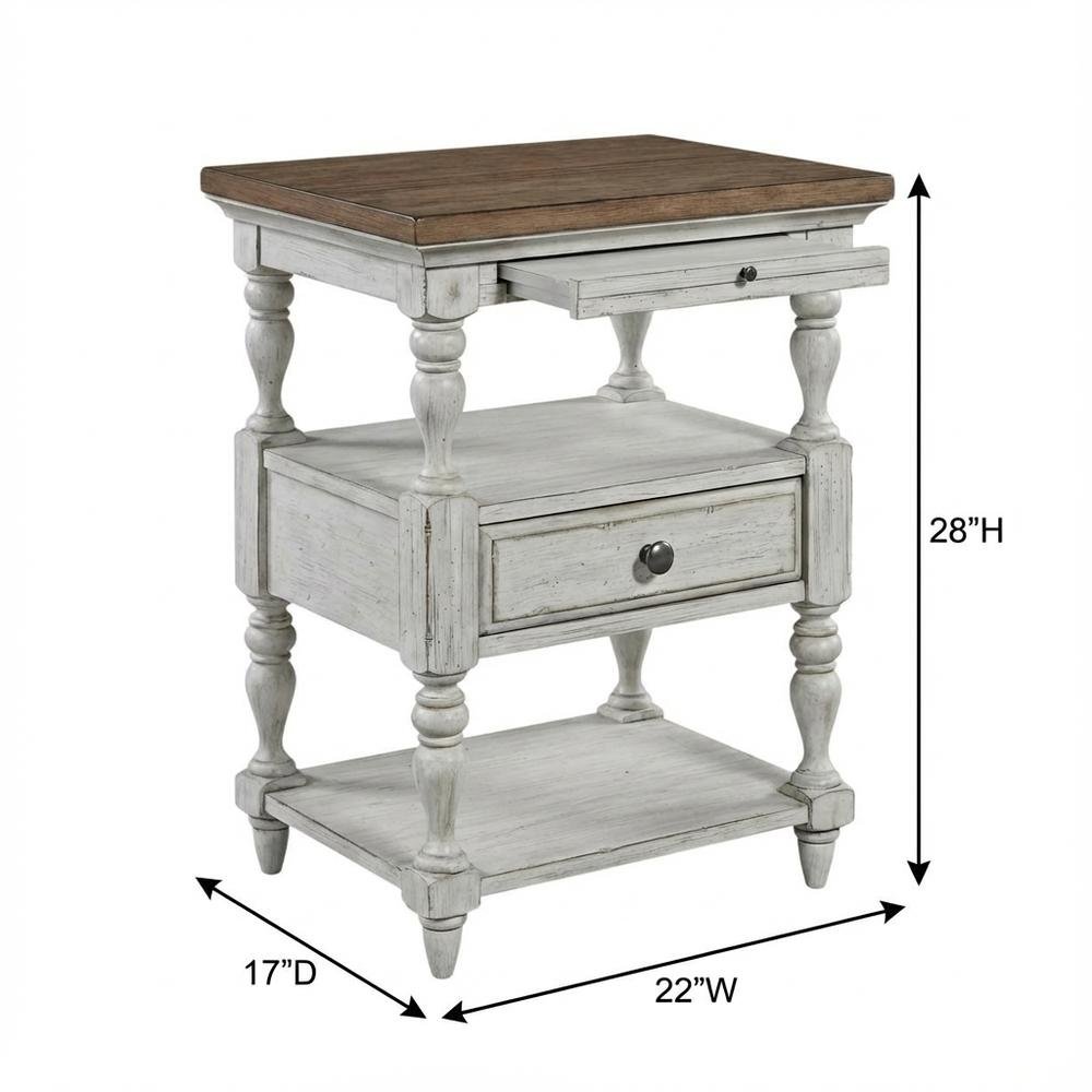 Antique White Bedroom Nightstand with Chestnut Top and Single Drawer