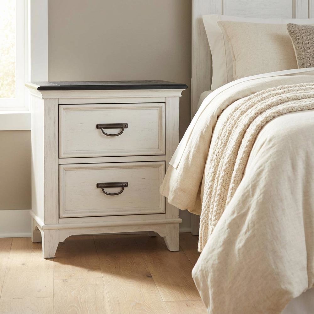 White Nightstand with Charging Station and Wirebrushed Finish