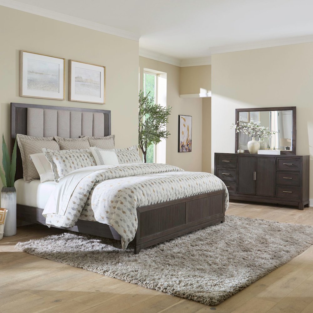 Modern Edge King Upholstered Bed, Dresser & Mirror Bedroom Set - Caffe