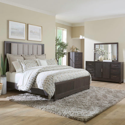 Modern Edge King Upholstered Bed, Dresser & Mirror, Chest Bedroom Set - Caffe
