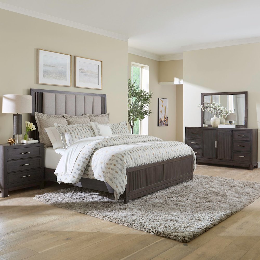 King Upholstered Bed, Dresser & Mirror, Night Stand Bedroom Set - Caffe