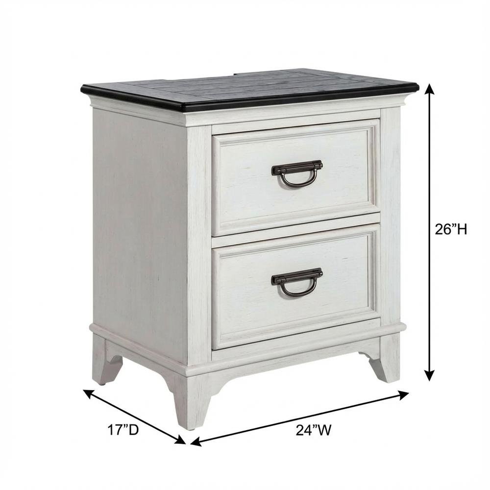 White Nightstand with Charging Station and Wirebrushed Finish