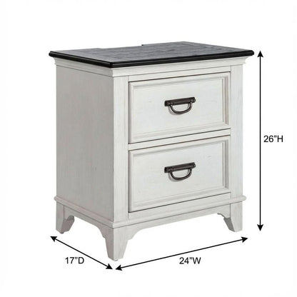White Nightstand with Charging Station and Wirebrushed Finish