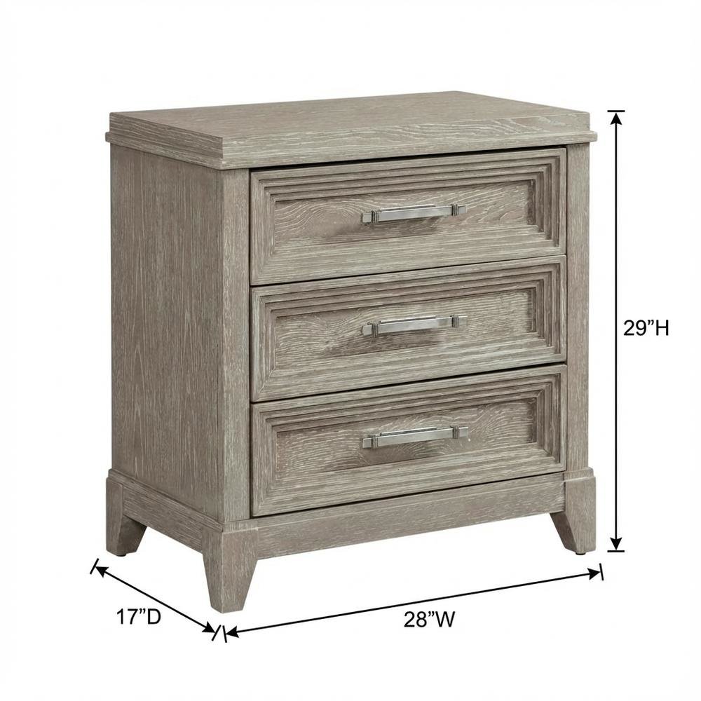 Washed Taupe Nightstand with 3 Drawers and Contemporary Style