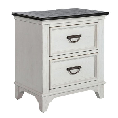 White Nightstand with Charging Station and Wirebrushed Finish