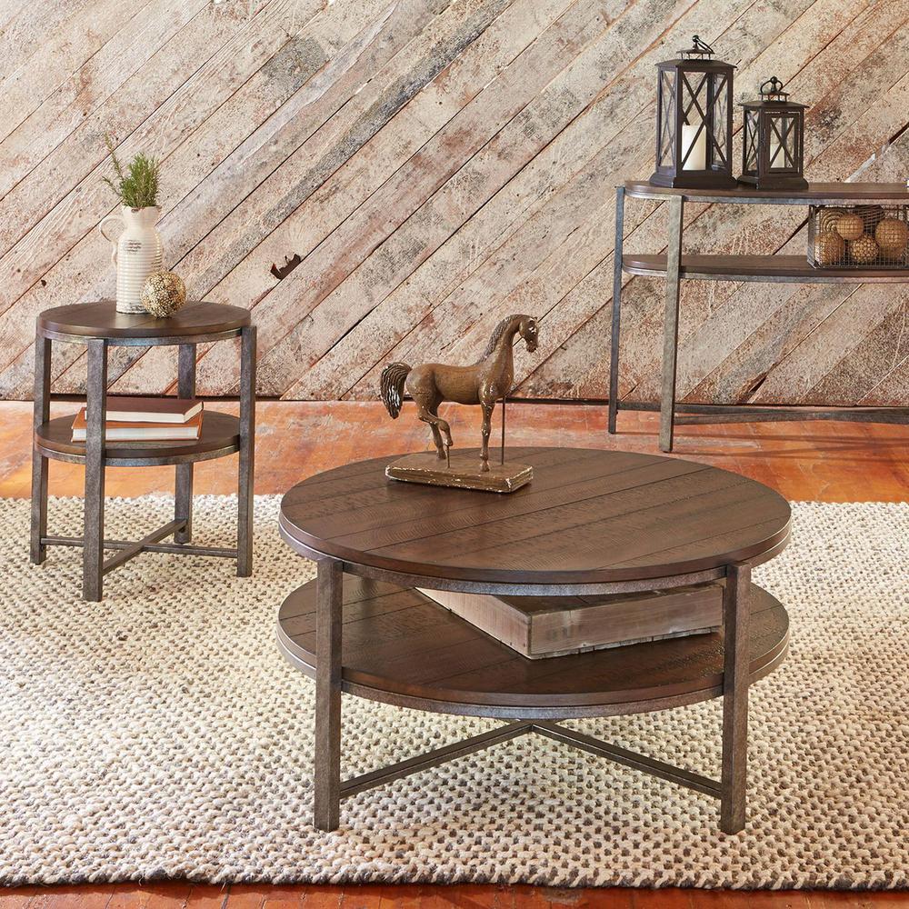 Breckinridge Round Cocktail Table in Mahogany Spice w/ Pewter Metal