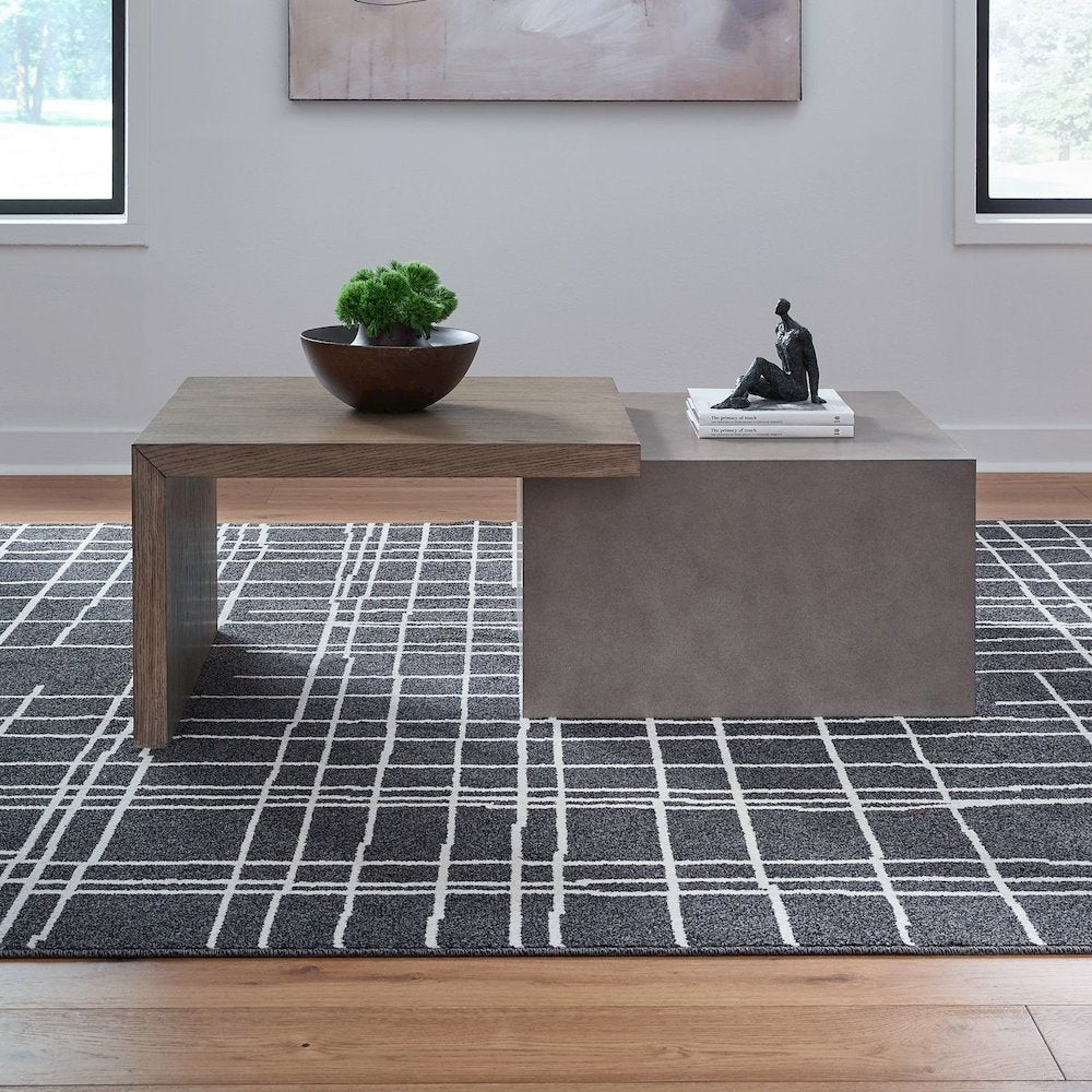 Living Room Cocktail Table  Unique Block Design - Oak Wood & Faux Concrete