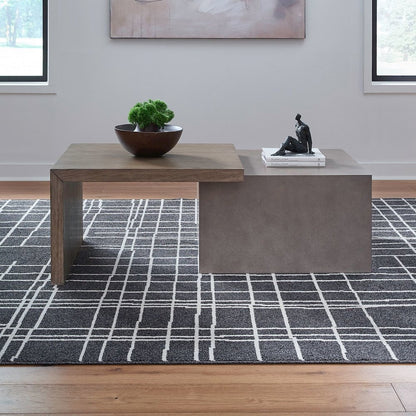 Living Room Cocktail Table  Unique Block Design - Oak Wood & Faux Concrete