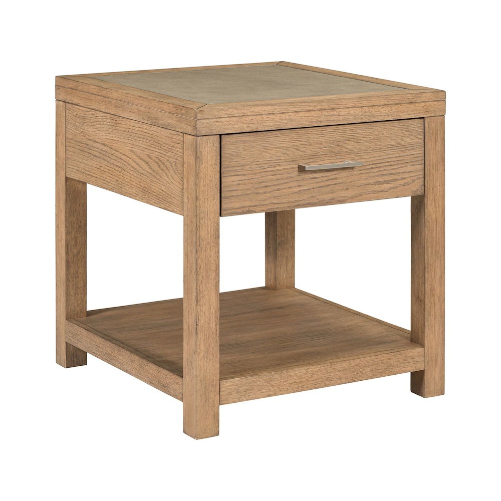 Living Room End Table  with Storage Drawer - Brown Oak Wood & Faux Concrete Top
