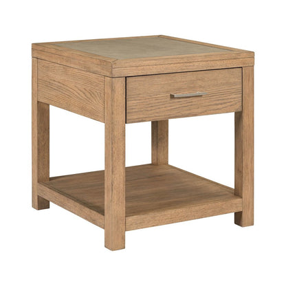 Living Room End Table  with Storage Drawer - Brown Oak Wood & Faux Concrete Top