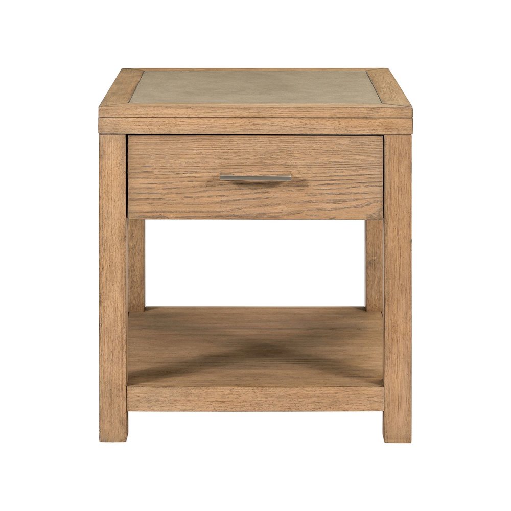 Living Room End Table  with Storage Drawer - Brown Oak Wood & Faux Concrete Top