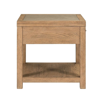 Living Room End Table  with Storage Drawer - Brown Oak Wood & Faux Concrete Top