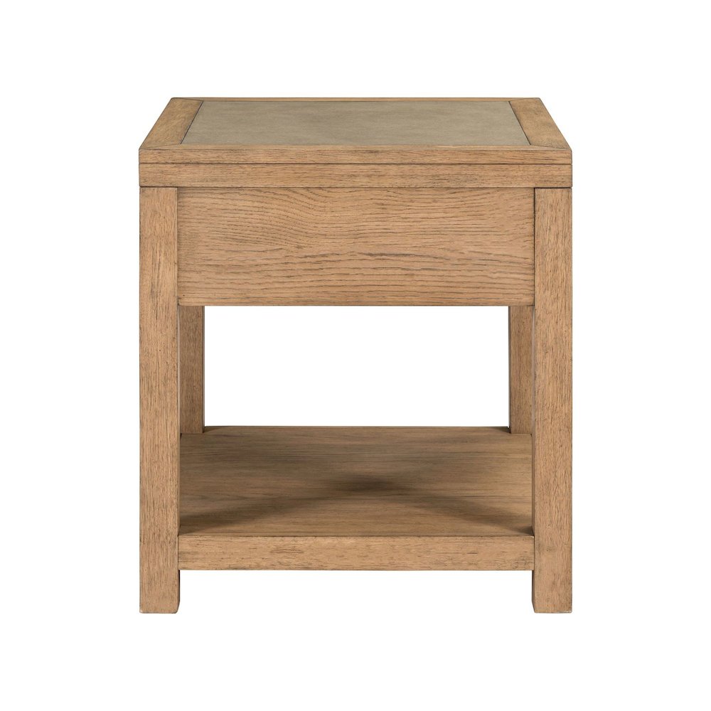 Living Room End Table  with Storage Drawer - Brown Oak Wood & Faux Concrete Top