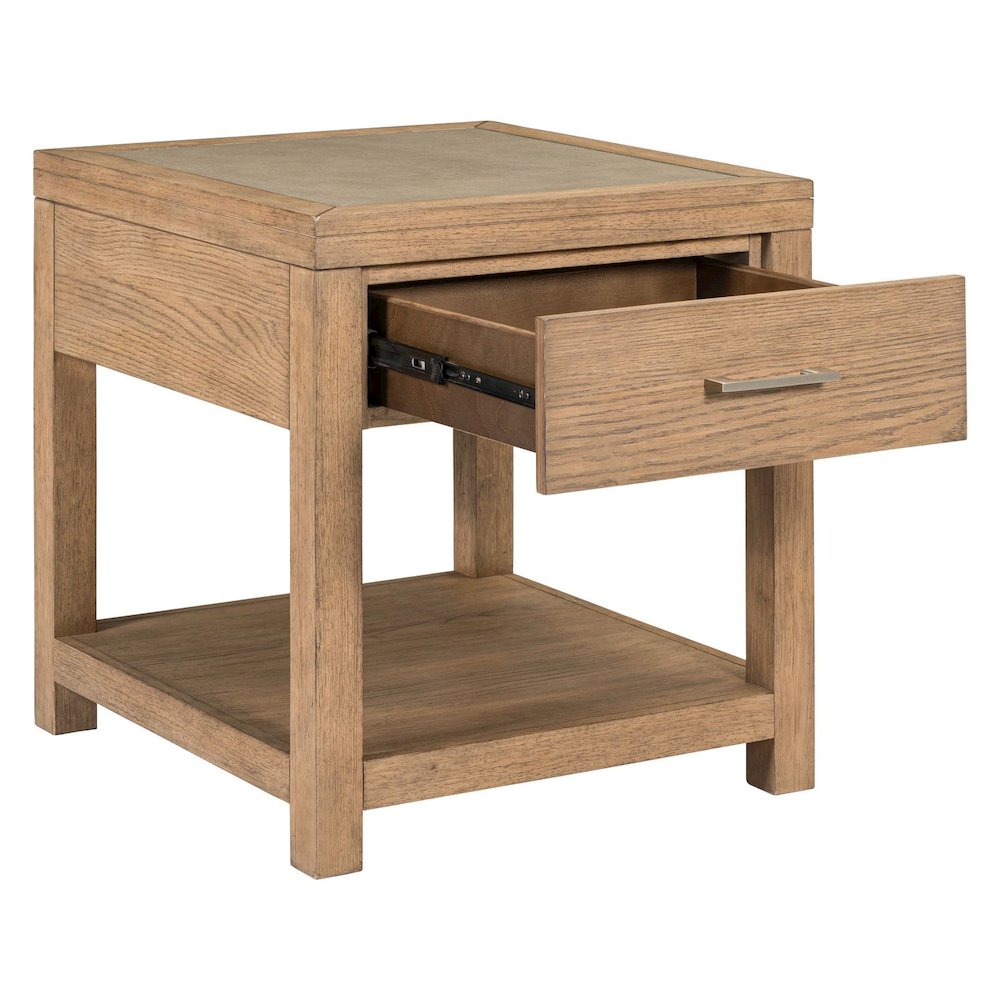 Living Room End Table  with Storage Drawer - Brown Oak Wood & Faux Concrete Top
