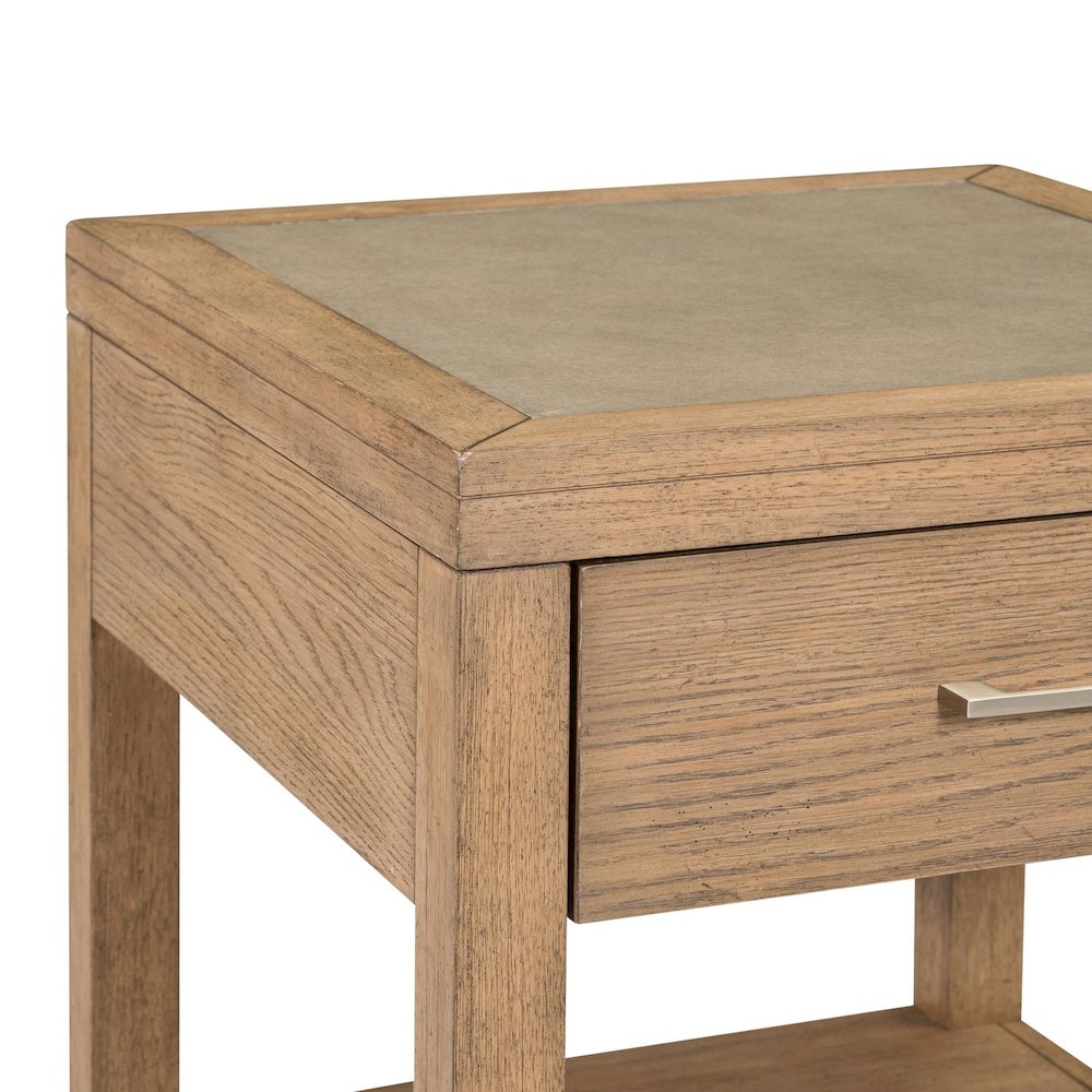 Living Room End Table  with Storage Drawer - Brown Oak Wood & Faux Concrete Top