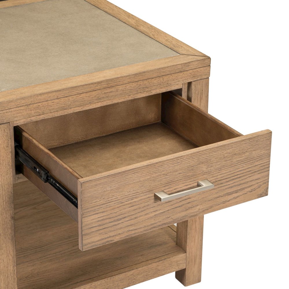 Living Room End Table  with Storage Drawer - Brown Oak Wood & Faux Concrete Top