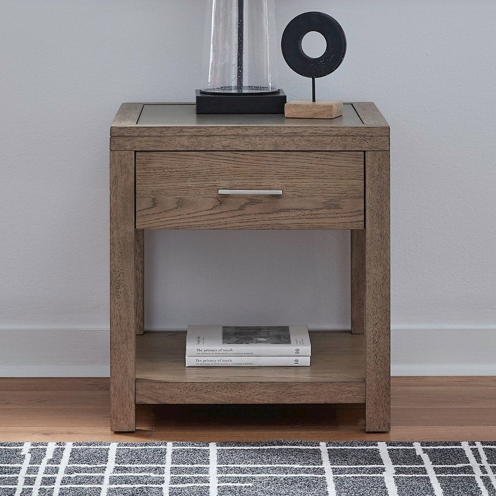 Living Room End Table  with Storage Drawer - Brown Oak Wood & Faux Concrete Top