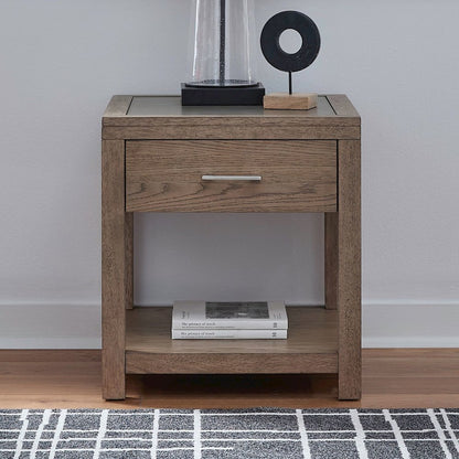 Living Room End Table  with Storage Drawer - Brown Oak Wood & Faux Concrete Top