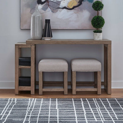 3 Piece Living Room Set - Console Table Desk, 2 Upholstered Stools - Oak Wood