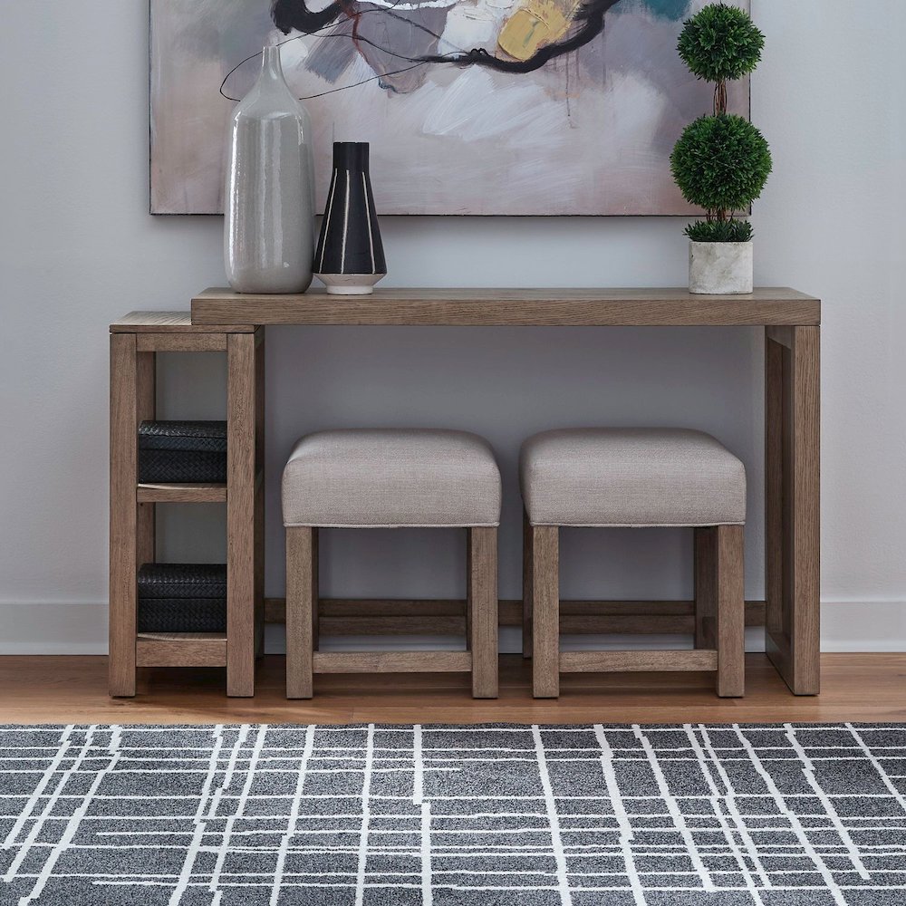 3 Piece Living Room Set - Console Table Desk, 2 Upholstered Stools - Oak Wood