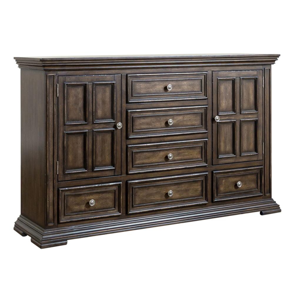 Big Valley 2 Door 6 Drawer Dresser in Brownstone w/ Heavy Distressing
