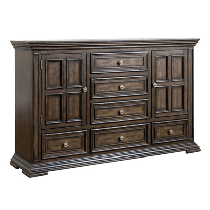 Big Valley 2 Door 6 Drawer Dresser in Brownstone w/ Heavy Distressing