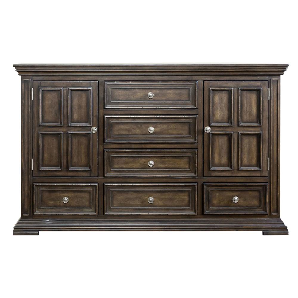 Big Valley 2 Door 6 Drawer Dresser in Brownstone w/ Heavy Distressing