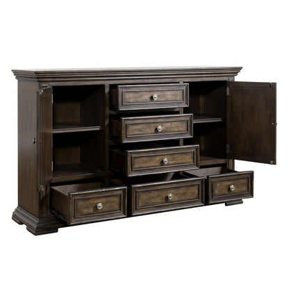 Big Valley 2 Door 6 Drawer Dresser in Brownstone w/ Heavy Distressing