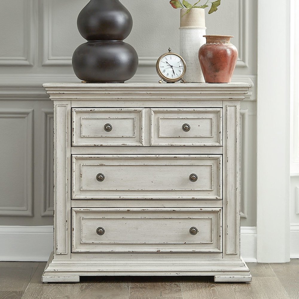 Big Valley Bedside Chest w/ Charging Station in Whitestone w/ Heavy Distressing