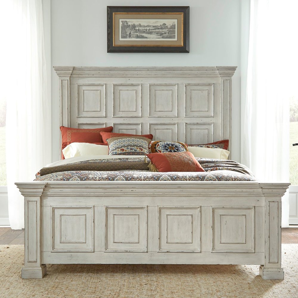 Big Valley King Panel Bed in Whitestone w/ Heavy Distressing