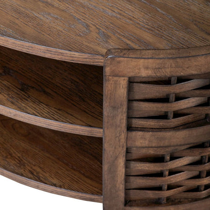 Warren Park Oval Cocktail Table - Coffee Brown Oak, Basket Weave Accent