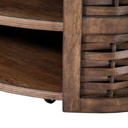 Warren Park Oval Cocktail Table - Coffee Brown Oak, Basket Weave Accent
