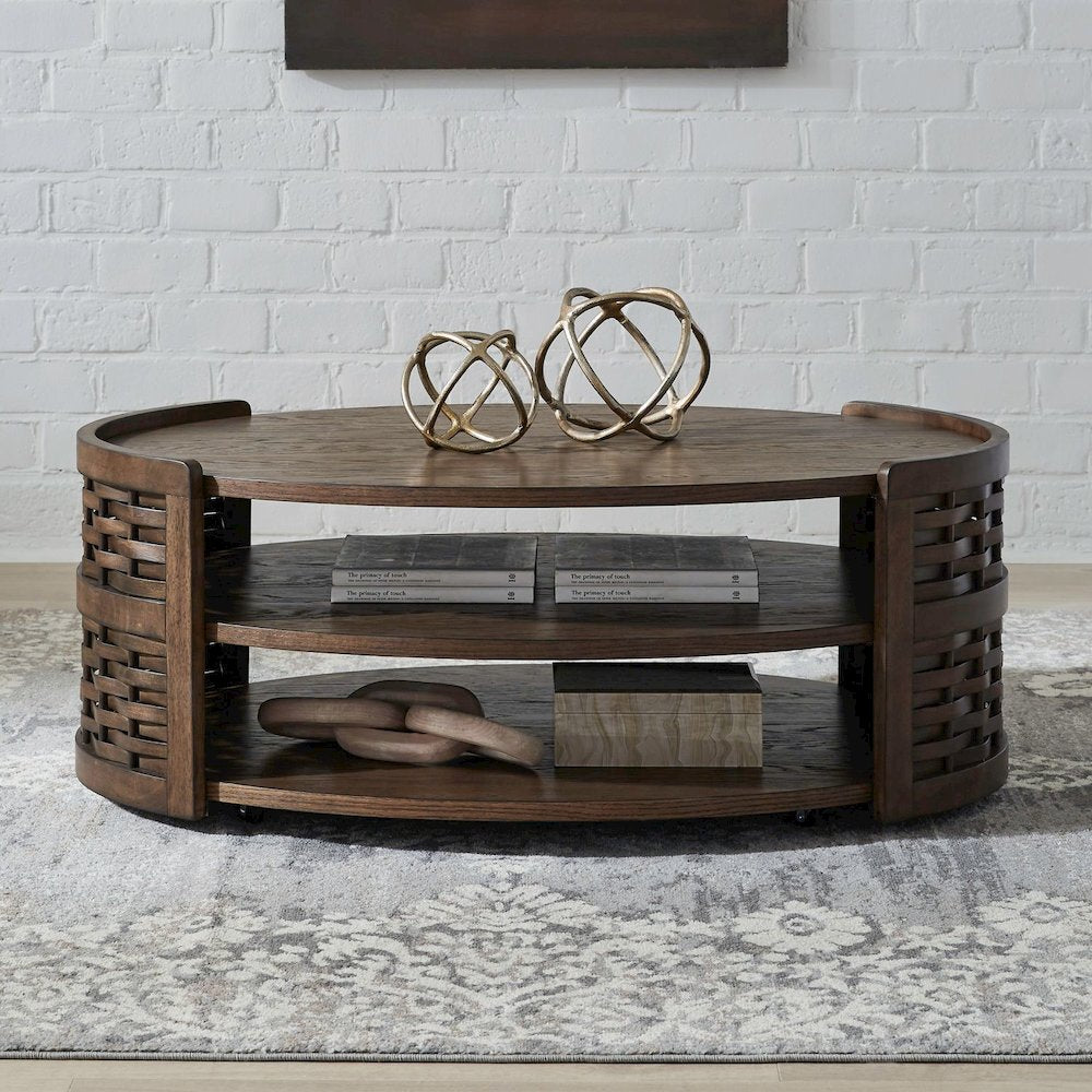 Warren Park Oval Cocktail Table - Coffee Brown Oak, Basket Weave Accent
